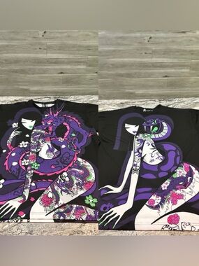 Blackmilk Black Tee with Purple and Pink Dragon Geisha Print L